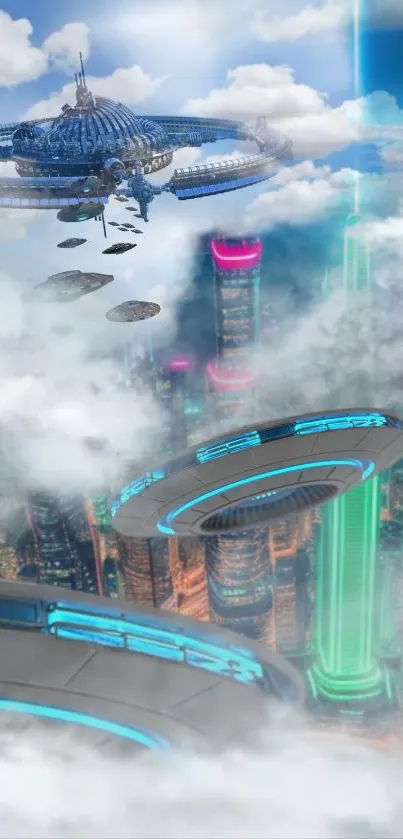 Futuristic city with flying saucers and neon lights above the clouds.