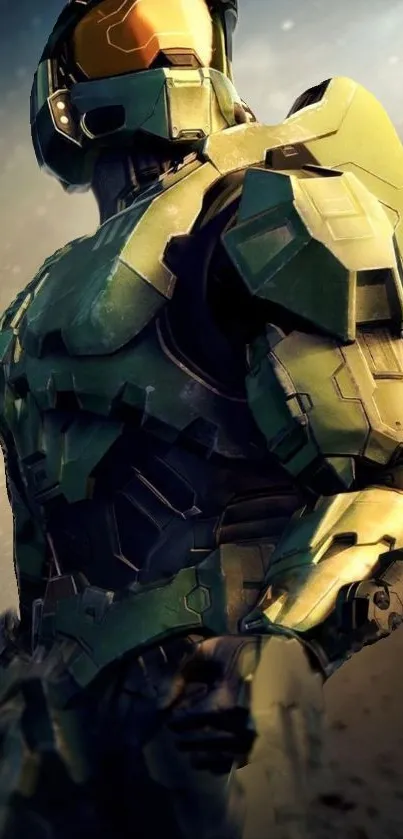 Futuristic soldier in armor with olive green tones.