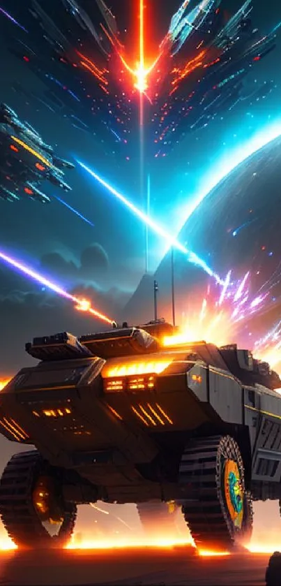 Futuristic vehicle in a vibrant space battle setting with lasers and stars.