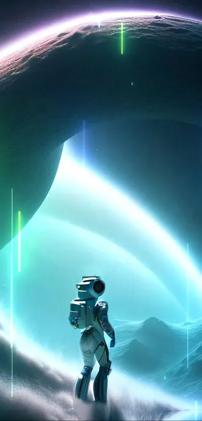 Solitary astronaut in futuristic alien landscape on mobile wallpaper.