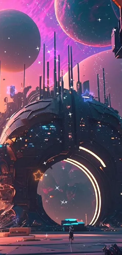 Futuristic city and planets in vibrant space.