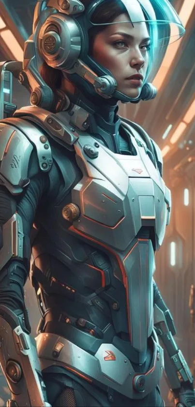 Futuristic sci-fi warrior in space suit with a high-tech design.