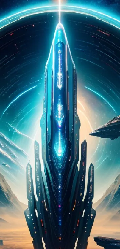Futuristic spaceship in a cosmic scene with glowing blue accents.