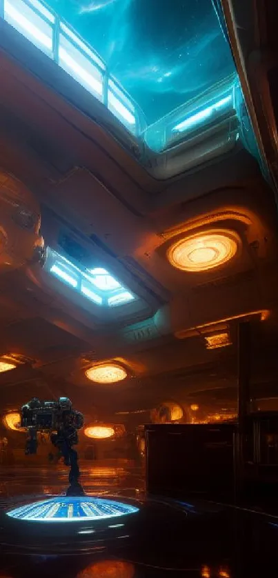 Futuristic spaceship interior with glowing lights.