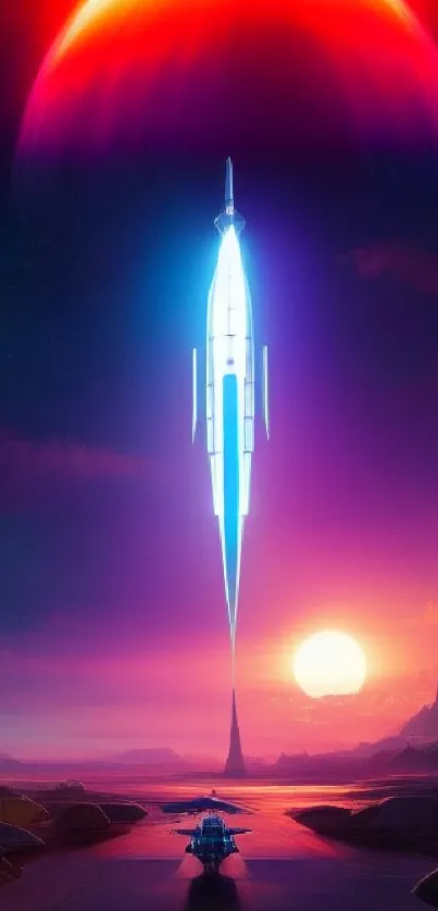 Futuristic spaceship launching with purple nebula backdrop.