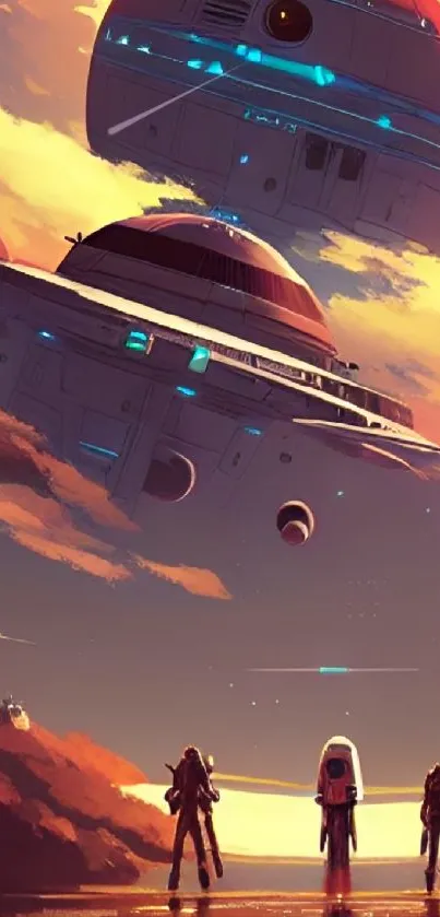 Futuristic sci-fi scene with astronauts and spaceships under a sunlit sky.