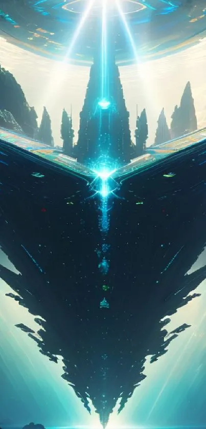 Futuristic sci-fi spaceship over ocean with vibrant blue and teal colors.