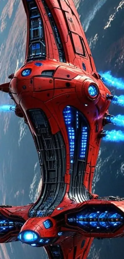 Red futuristic spaceship flying in space with blue engine lights.