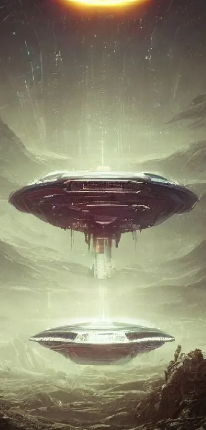 Futuristic sci-fi spaceship hovering over an alien landscape with lush details.