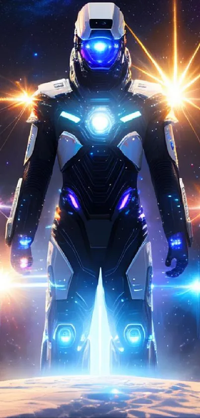 Futuristic spacesuit amidst vibrant galaxy lights.