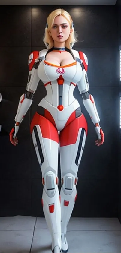 Futuristic sci-fi suit character in a modern setting.