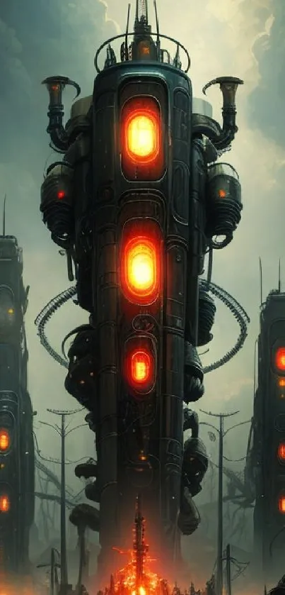 Futuristic towers with glowing orange lights against a dark sky.