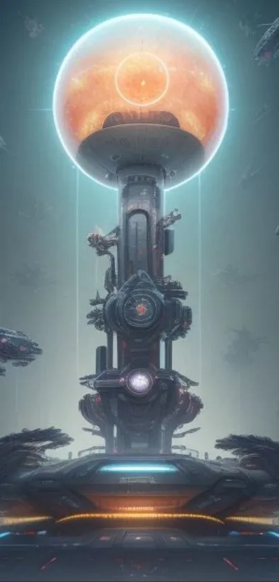 Futuristic sci-fi tower with spaceships and glowing orb design.