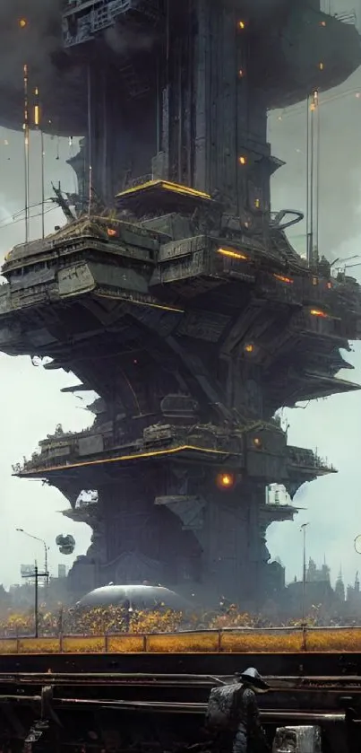 Futuristic sci-fi tower rising in a dystopian cityscape.