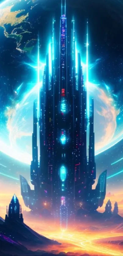 Futuristic skyline with a towering structure and vibrant cosmic sky.