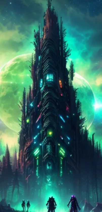 Futuristic sci-fi tower with neon lights against a cosmic background.