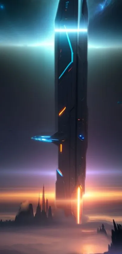 Futuristic tower with neon lights in a sci-fi landscape.