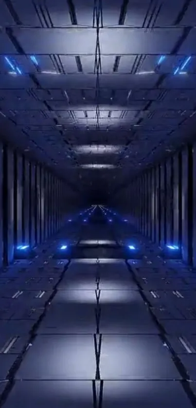 Futuristic dark blue sci-fi tunnel wallpaper with glowing accents.