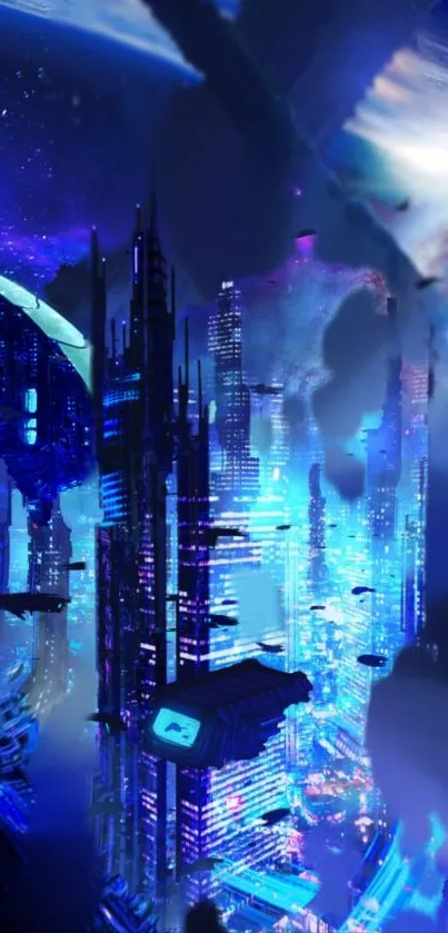Futuristic sci-fi cityscape with neon blues and cosmic elements.