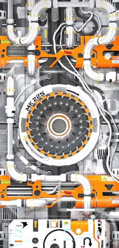 Futuristic sci-fi mechanical wallpaper with orange designs.