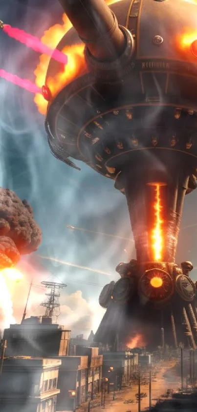 Futuristic sci-fi wallpaper with explosions and mechanical structures.