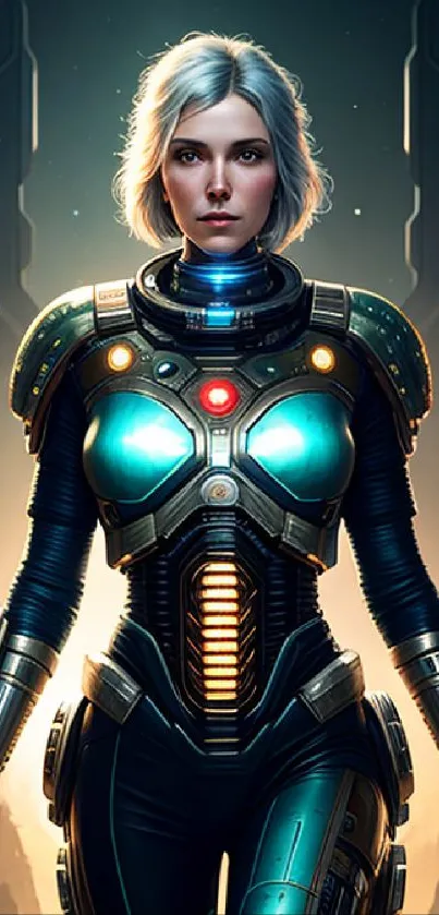 Futuristic warrior in stylish teal armor on mobile wallpaper.