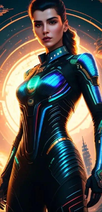 Futuristic female warrior in a neon suit with a cosmic background.