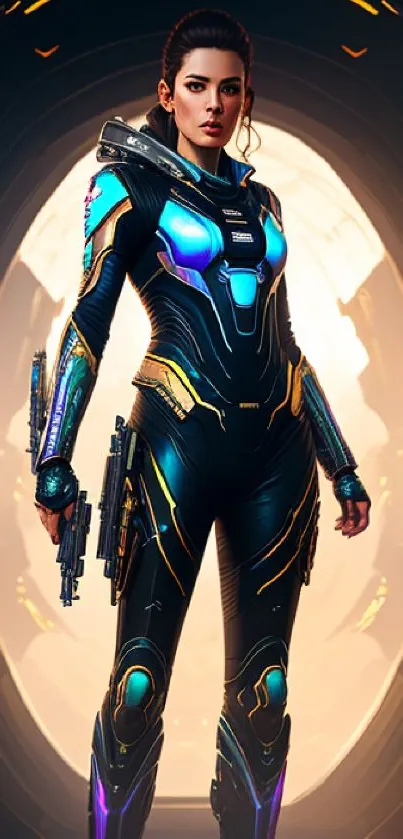 Futuristic female warrior in neon armor in a sci-fi corridor.