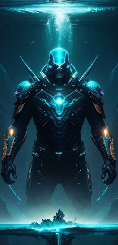 Futuristic sci-fi warrior in a glowing blue landscape.