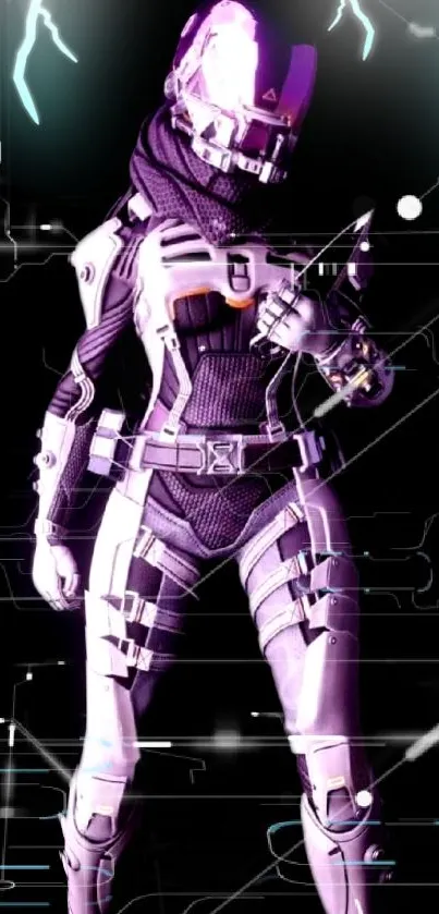 Futuristic sci-fi warrior with neon lighting on a dark background.