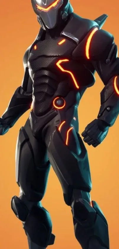 Futuristic warrior in black armor with orange accents on an orange background.