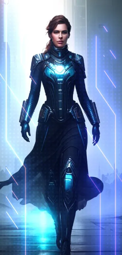 Futuristic warrior in neon-lit cityscape, wearing high-tech armor.