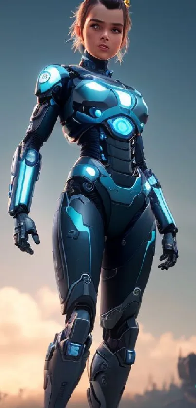 Futuristic female warrior in neon armor standing against a surreal backdrop.