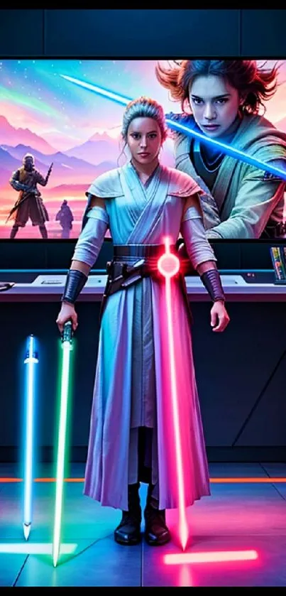 A sci-fi warrior with neon swords in a futuristic setting.