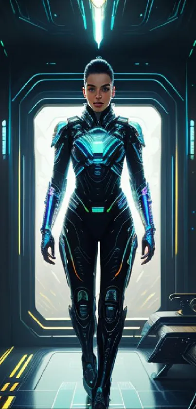 Futuristic sci-fi warrior in high-tech corridor.