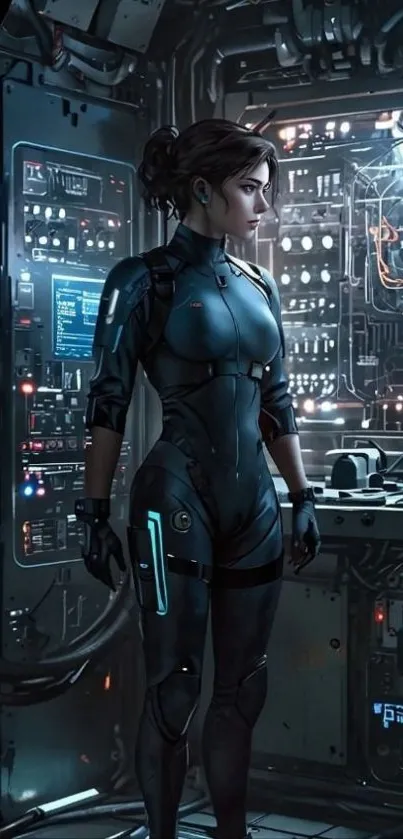 Futuristic sci-fi warrior in cyber environment.