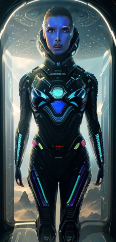 Futuristic warrior in neon suit surrounded by sci-fi elements.