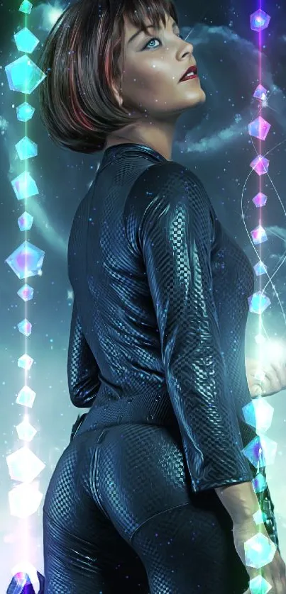 Futuristic woman in a cosmic sci-fi setting.