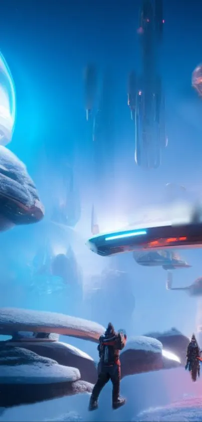Futuristic sci-fi world with glowing structures and vibrant blue hues.