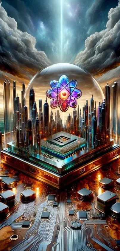Futuristic city on a microchip with atom symbol above.
