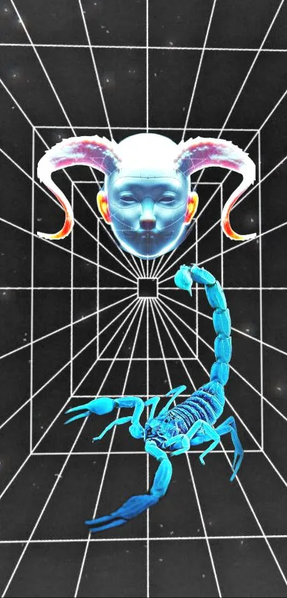 Futuristic scorpion and robotic head on cosmic grid wallpaper.