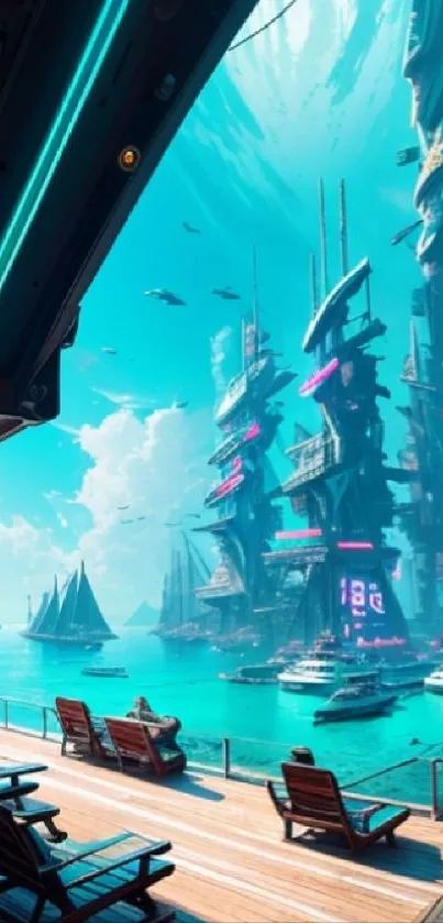 Futuristic city skyline with turquoise sea.