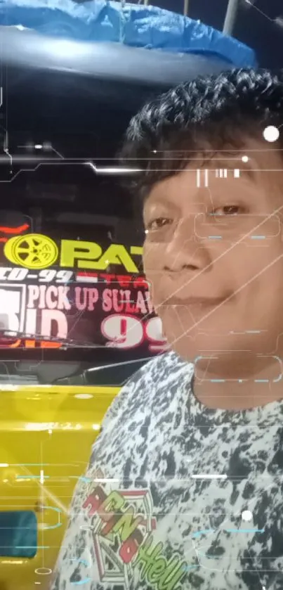 Futuristic digital overlay on selfie with colorful truck art.