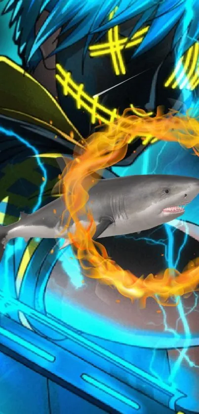 Futuristic character with a shark and electrifying visuals wallpaper.