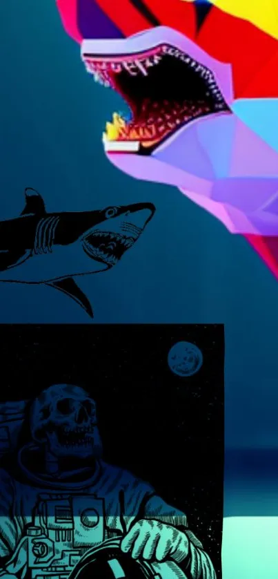 Polygonal shark and skeleton astronaut on blue background wallpaper.