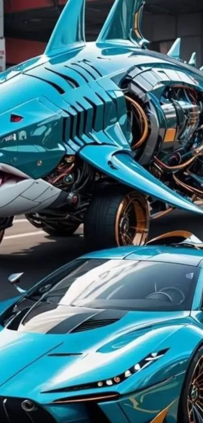 Futuristic shark car design with metallic blue finish.