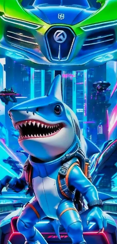 Futuristic cityscape with armored shark and neon flying cars.