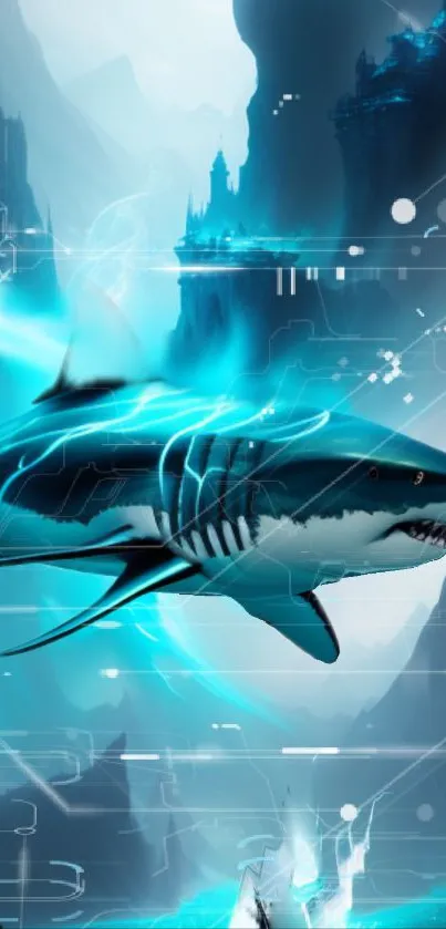 Futuristic shark with digital effects in blue ocean scenery.