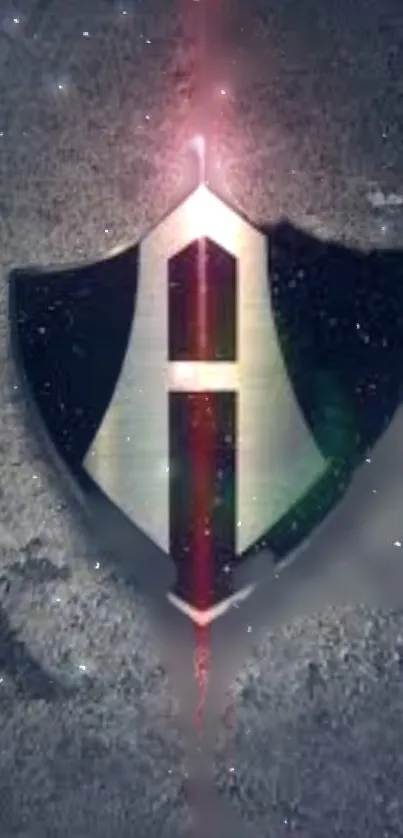 Futuristic shield emblem with cosmic textures on dark gray background.