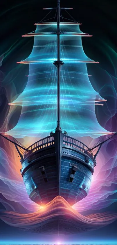 Futuristic ship with neon sails in a cosmic ocean scene.